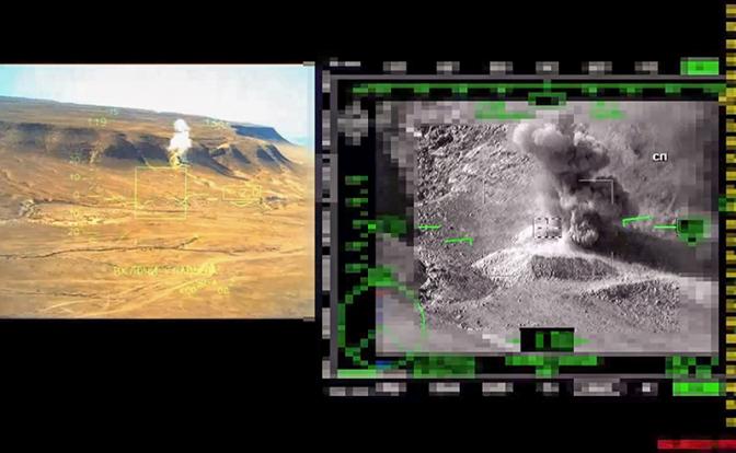 На фото: экипажи российских ВКС во время воздушного патрулирования выявили и уничтожили группу боевиков террористической группировки "Лива Шухада Эль-Карьятейн", скрывавшуюся в оборудованных укрытиях пустыни Белая.