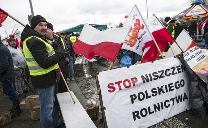 На фото: польские фермеры требуют закрыть украинские границы на три месяца для грузовиков с украинской сельхозпродукцией, не хотят выполнения «Зеленого курса» ЕС и требуют поддержки животноводства.