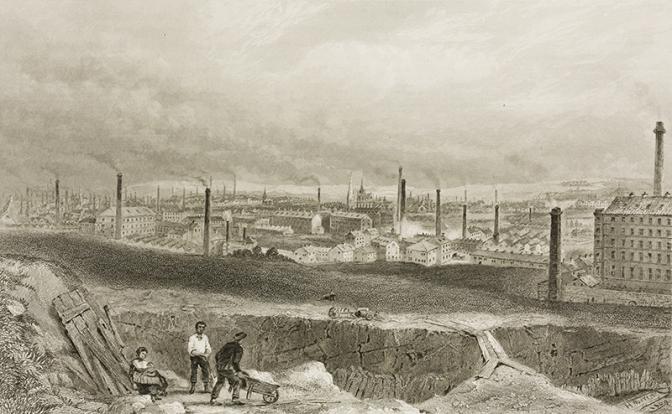 На фото: промышленный городской пейзаж с дымящимися трубами Брэдфорда. Этот город был продуктом промышленной революции в Англии и стал текстильной столицей мира в 19 веке. Гравюра, XIX век.
