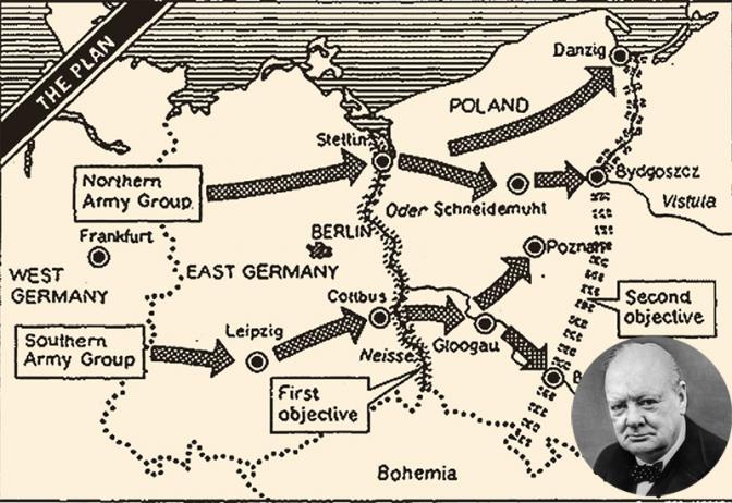 На фото: план операции «Немыслимое» и премьер-министр Британии Уинстон Черчилль