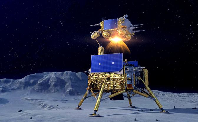 На фото: китайский космический корабль Chang e-5 на Луне.