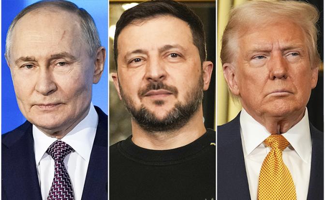 На фото(слева направо): президент США Дональд Трамп, президент Украины Владимир Зеленский и  президент России Владимир Путин.