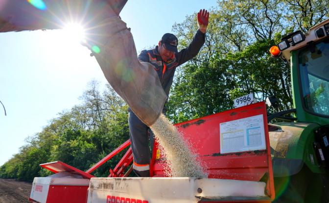 На фото: загрузка удобрений во время сева подсолнечника на территории колхоза имени С.Г. Шаумяна.