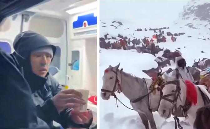 На фото: часть туристов, оказавшихся в ловушке на Эвересте, были благополучно эвакуированы после прибытия к месту встречи