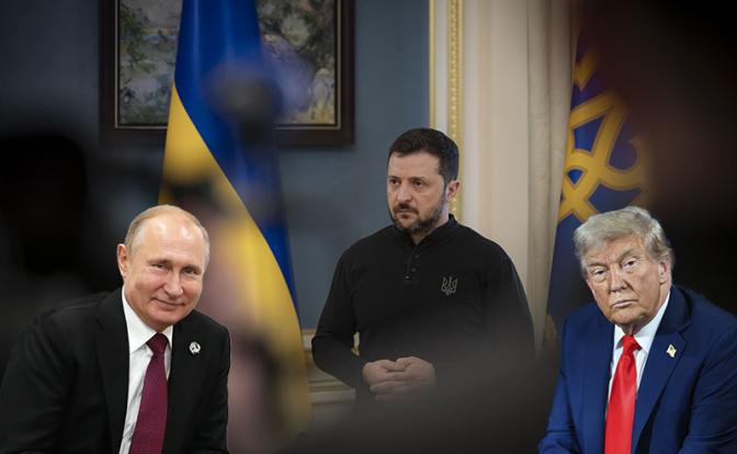 На комбинированном снимке: президент России Владимир Путин, президент Украины Владимир Зеленский и президент США Дональд Трамп(слева направо