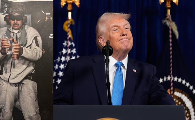 На фото: предположительно изображен президент Венесуэлы Николас Мадуро на борту авианосца USS Iwo Jima после эвакуации из Венесуэлы и президент США Дональд Трамп (в центре) на пресс-конференции в своей резиденции Мар-а-Лаго по ситуации в Венесуэле.