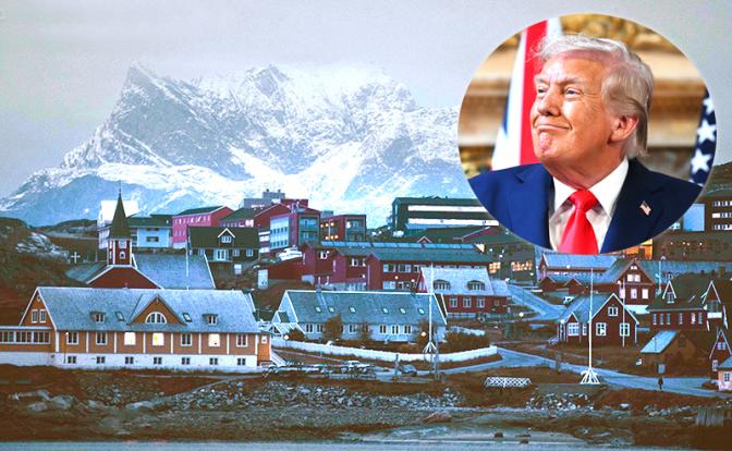 На фото: портрет президента США Дональда Трампа на фоне побережья Гренландии.