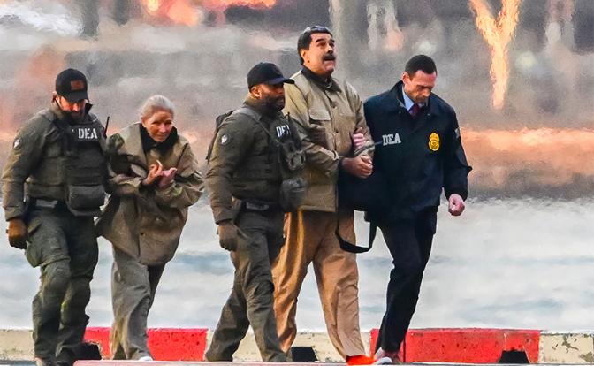 На фото: свергнутый президент Венесуэлы Николас Мадуро и его жена, первая леди Венесуэлы Силия Флорес, на вертолетной площадке на Уолл-стрит в районе Манхэттен города Нью-Йорка, США.