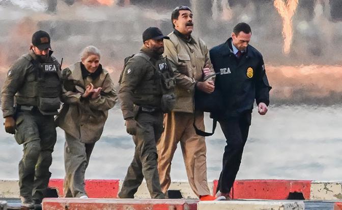 На фото: президент Венесуэлы Николас Мадуро (справа в центре) и его супруга Силия Флорес во время сопровождения к вертолету.