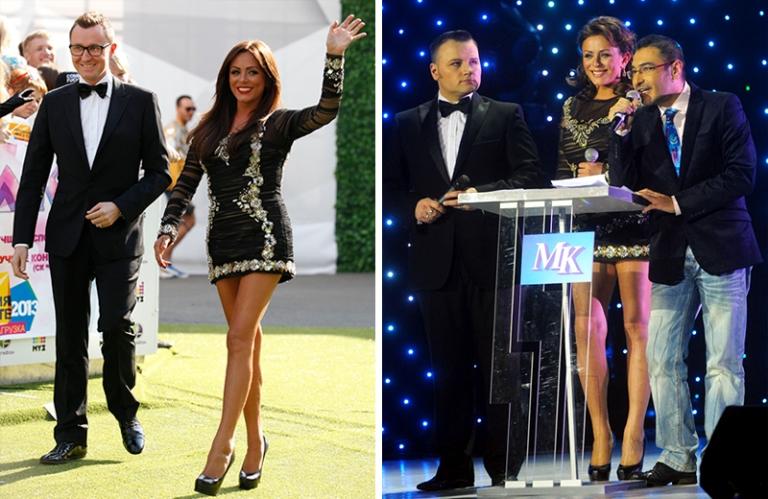 Пвица Юлия Началова на ковровой дорожке премии "МУЗ-ТВ" в спорткомплексе "Олимпийский", 2013 год (фото слева); ведущие церемонии музыкальной премии "Звуковая Дорожка 2011" Алексей Астудин, Юлия Началова и Артур Гаспарян (слева направо) в концертном зале "Космос", 2011 год