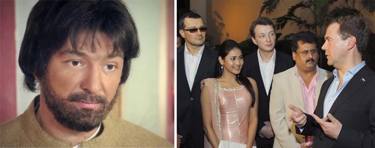 На фото (слева направо): Марат Башаров в сериале "Индус", 2010 год; президент России Дмитрий Медведев, актеры Егор Бероев и Марат Башаров (слева направо на втором плане) во время посещения Болливуда, Мумбаи, Индия, 2010 год.