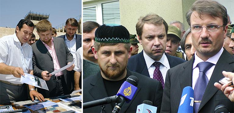 Глава правительства Чеченской республики Рамзан Кадыров перед зданием восстанавливаемого аэропорта "Грозный", 2006 год (фото слева). Рамзан Кадыров (слева) и и.о. министра экономического развития и торговли РФ Герман Греф (справа) после совещания правительственной рабочей группы по восстановлению экономики республики с правительством Чечни, 2004 год