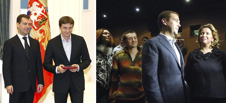Сергей Безруков (слева направо) на торжественной церемонии вручения государственных наград (фото слева); Первый вице-премьер РФ Дмитрий Медведев с супругой Светланой (на первом плане) и актеры Сергей и Ирина Безруковы (слева на втором плане) после просмотра фильма "Ирония судьбы. Продолжение"