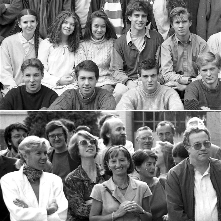 Эммануэль Макрон (на верхнем фото второй справа) и Брижит Тронье (на нижнем фото первая слева)