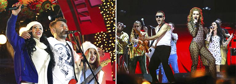 Участники группы "Ленинград" Флорида Чантурия, Сергей Шнуров и Василиса Старшова