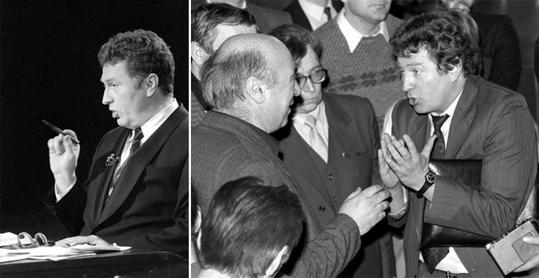 На фото: кандидат в Президенты России В.В. Жириновский во время дебатов на Центральном телевидении, 1991 год (фото слева); Съезд народных депутатов СССР. Председатель Либерально-демократической партии Советского Союза В.В. Жириновский (справа) во время беседы с журналистами, 1990 год