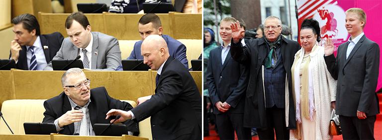 На фото: лидер ЛДПР Владимир Жириновский и вице-спикер ГД Игорь Лебедев (слева направо на первом плане) на пленарном заседании Государственной Думы РФ; Лидер ЛДПР Владимир Жириновский с супругой Галиной и внуками, 2014 год