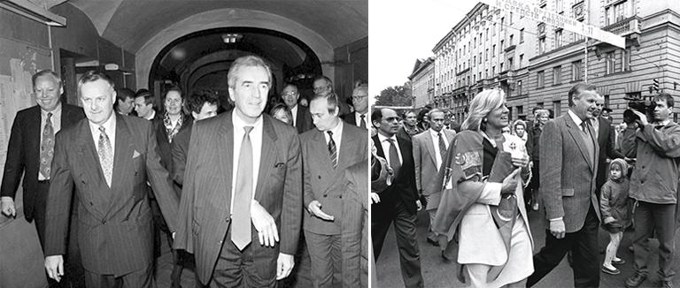 Министр иностранных дел Республики Австрия доктор Алоис Мок, Анатолий Собчак и Владимир Путин (справа) на открытии "Австрийской библиотеки", 1993 год; Анатолий Собчак (в центре) и Владимир Путин (второй слева) на акции присвоения имени Австрийской площади на Петроградской стороне, 1992 год