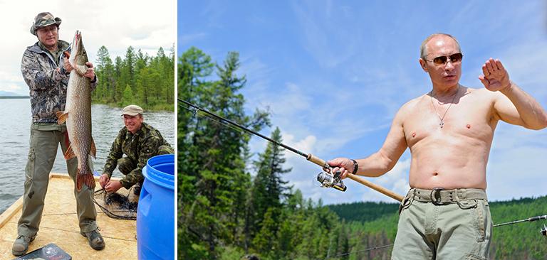 Президент России Владимир Путин во время рыбалки в одном из национальных заповедников Тывы, 2013 год