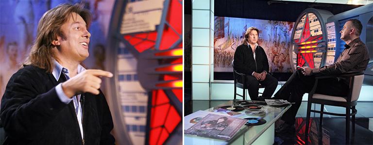 Певец Юрий Лоза и ведущий программы &laquo;По волне моей памяти&raquo; Олег Нестеров (слева направо) во время записи программы на цифровом телеканале &laquo;Время&raquo;. Первый канал выпустил пакет тематических каналов "Цифровое телесемейство", 2007 год