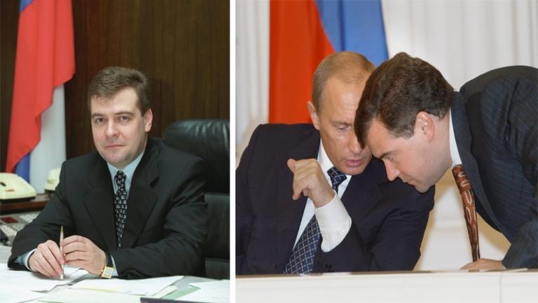  Дмитрий Медведев (на снимке слева) Указом президента РФ назначен руководителем администрации президента России (Фото пресс-службы Кремля/ТАСС); Президент России Владимир Путин и руководитель администрации президента Дмитрий Медведев (слева направо), 2003 год. 