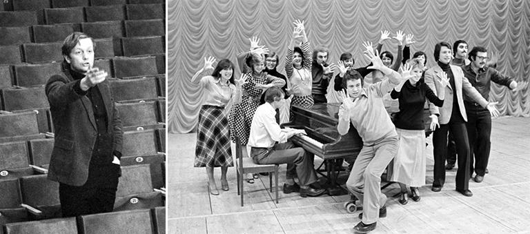 Главный режиссер агиттеатра Михаил Николаевич Задорнов на репетиции (слева); сцена из пролога спектакля Михаила Задорнова в постановке лауреата I Всероссийского фестиваля самодеятельного творчества трудящихся, лауреата премии Ленинского комсомола агиттеатра «Россия» Московского авиационного института, 1980 год