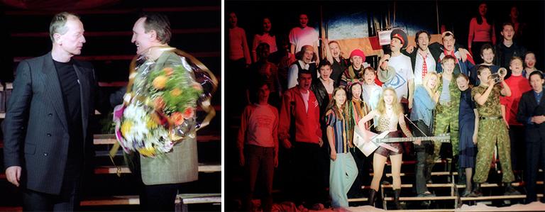 Премьера спектакля "Кофточка" в постановке Вячеслава Спесивцева по одноименной пьесе известного писателя-сатирика Михаила Задорнова состоялась вчера в МЭТ ( Московском эспериментальном театре) Спесивцева. На снимке: Михаил Задорнов (слева) и Вячеслав Спесивцев после премьеры (слева), 2002 год