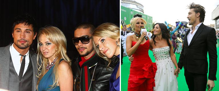 Певец Дима Билан, продюсер Яна Рудковская, певец Тимати и телеведущая Ксения Собчак (слева); Дима Билан и Юлия Волкова (в центре) и телеведущая Лера Кудрявцева (фото справа)