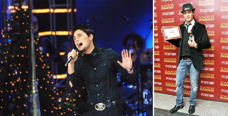 Певец Дима Билан во время съемок новогоднего проекта "Старые и новые песни о главном" (слева); на церемонии вручения музыкальной премии "Золотой граммофон", 2006 год