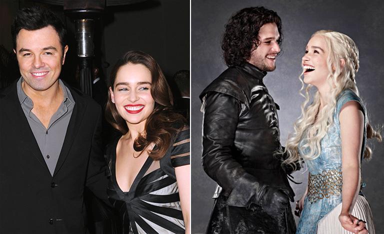 Эмилия Кларк с Сетом Макфарлейном (слева) и с Китом Харингтоном (справа)