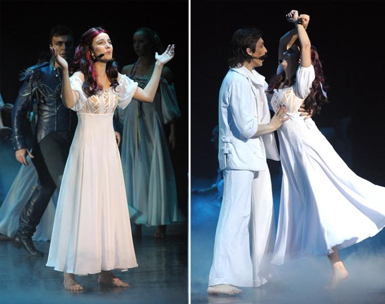 На фото: Игорь Балалаев (Эдмон Дантес) и Валерия Ланская (Мерседес) в сцене из мюзикла "Монте Кристо" в театре "Московская Оперетта", 2008 год.