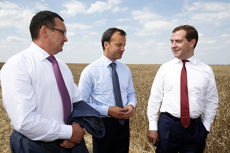 Министр сельского хозяйства РФ Николай Федоров, заместитель председателя правительства РФ Аркадий Дворкович и премьер-министр РФ Дмитрий Медведев (слева направо) во время осмотра хода уборки яровой пшеницы и подготовки к севу озимых культур в Курской области, 2013 год