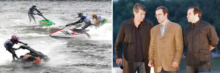 На фото: мэр Твери Олег Лебедев, губернатор Тверской области Дмитрий Зеленин и президент клуба "Новая лига" Дмитрий Свищев (слева направо) во время церемонии открытия одного из этапов Кубка мира по аквабайку, который проходил на Волге, Тверь, 2006 год.