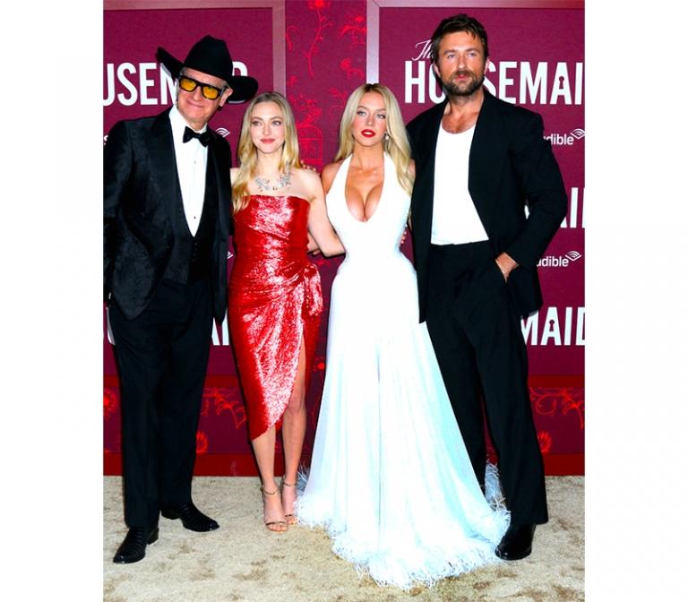 На фото: актеры Пол Фейг, Аманда Сейфрид, Сидни Суини, Брэндон Скленар на премьере фильма «Горничная» в кинотеатре TCL Chinese Theater IMAX в Лос-Анджелесе, Калифорния, США, 2025 год.