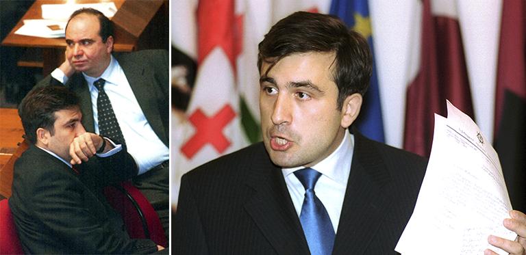 Признание депутатских полномочий бывшего министра юстиции Михаила Саакашвили обсуждалось на пленарном заседании парламента Грузии, 2001 год. На снимке: бывший министр юстиции Михаил Саакашвили (слева) и бывший спикер парламента Зураб Жвания