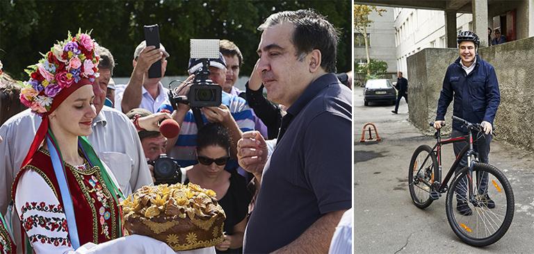 Губернатор Одесской области Михаил Саакашвили (справа) во время осмотра экспериментальных полей Одесского государственного аграрного университета (на фото слева); губернатор Одесской области Михаил Саакашвили во время голосования на выборах в органы местного самоуправления на одном из избирательных участков города, 2015 год