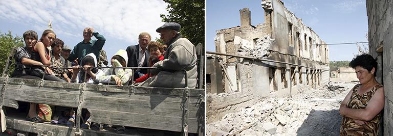 Беженцы из Цхинвали по дороге в Джавский район (на фото слева); в одном из разрушенных районов Цхинвали, Южная Осетия, 2008 год