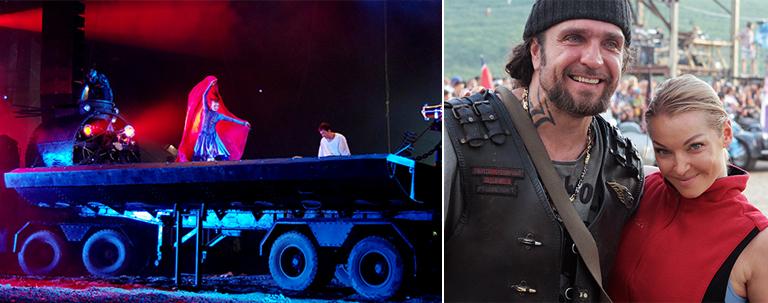 Балерина Анастасия Волочкова во время выступления на XV Международном байк-шоу (фото слева). Президент байк-клуба "Ночные волки" Александр Залдостанов (Хирург) и балерина Анастасия Волочкова на XV Международном байк-шоу (на фото справа), 2011 год