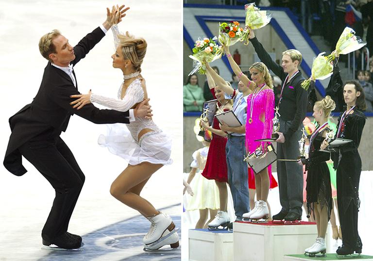 На фото: призеры пятого этапа Гран-при по фигурному катанию в танцах на льду: россияне Татьяна Навка и Роман Костомаров (на снимке в центре), завоевавшие золото, серебряные призеры из США Танит Белбин и Бенджамин Агосто (слева) и обладатели бронзы Галит Чайт и Сергей Сахновской из Израиля (справа), 2003 год