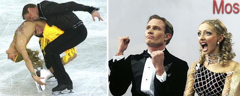 На фото: россияне Татьяна Навка и Роман Костомаров лидируют в соревнованиях танцевальных пар на чемпионате мира по фигурному катанию, 2005 год