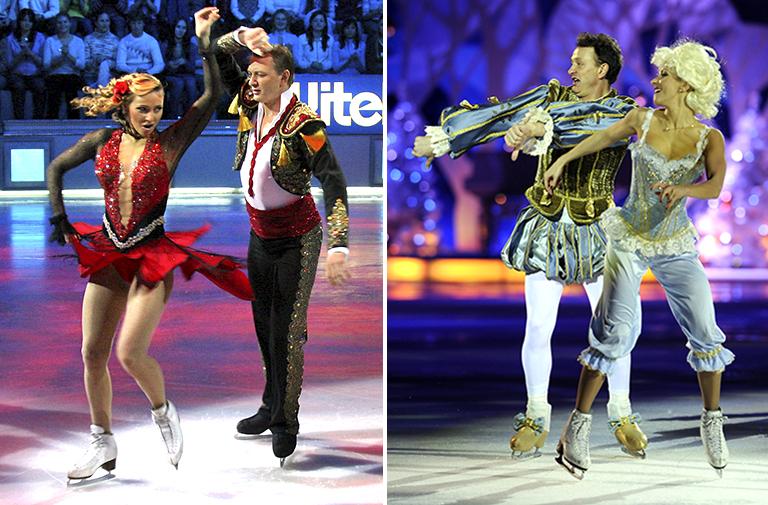 На фото (слева направо): фигуристка Татьяна Навка и актер Марат Башаров во время выступления в рамках шоу &laquo;Звезды на льду&raquo;; участники телевизионного шоу &laquo;Ледниковый период&raquo; фигуристка Татьяна Навка и артист Марат Башаров во время выступления, 2006 год