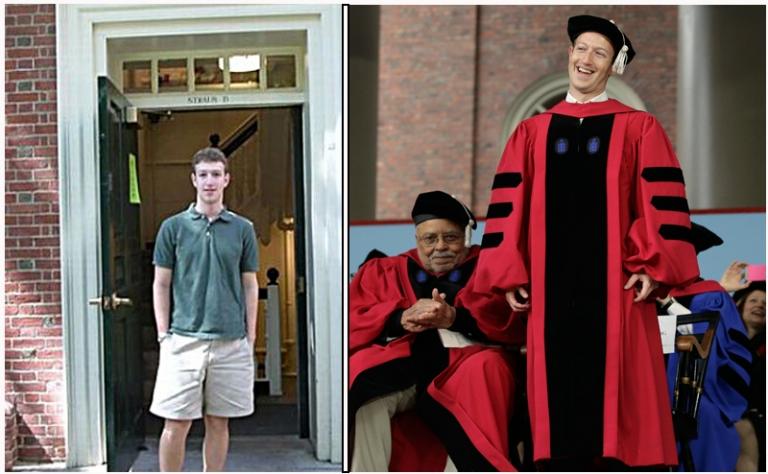 На фото (слева): начало учебы Марка Цукерберга в Гарвардском университете. На фото (справа): получение ученой степени в Гарвардском университете