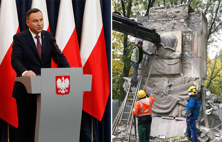 На фото: президент Польши Анджей Дуда (слева). Демонтаж памятника Благодарности Красной армии в Варшаве(фото справа).
